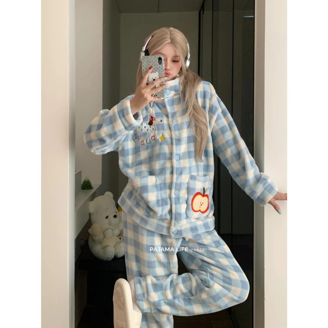 FAVMARTHA可爱苹果派小狗珊瑚绒睡衣女款秋冬季加厚加绒保暖高领