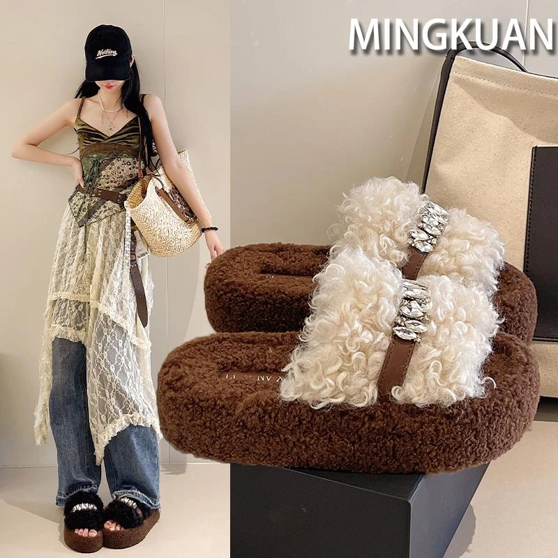 【DR专柜正品】淡人穿搭！厚底勃肯毛毛拖鞋女外穿加绒保暖增高秋