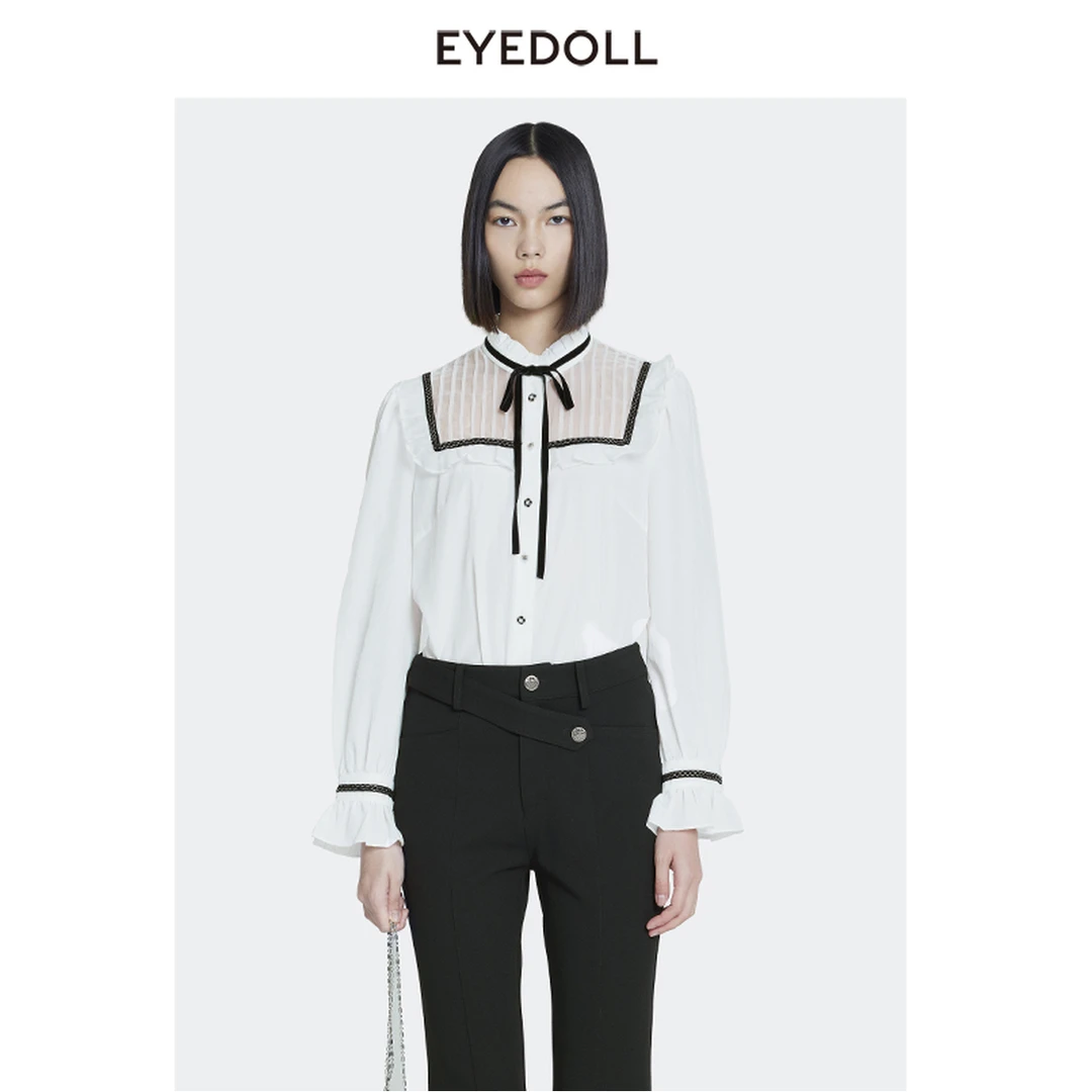 EYEDOLL秋季新款清新甜美立领花边绑带上衣衬衫