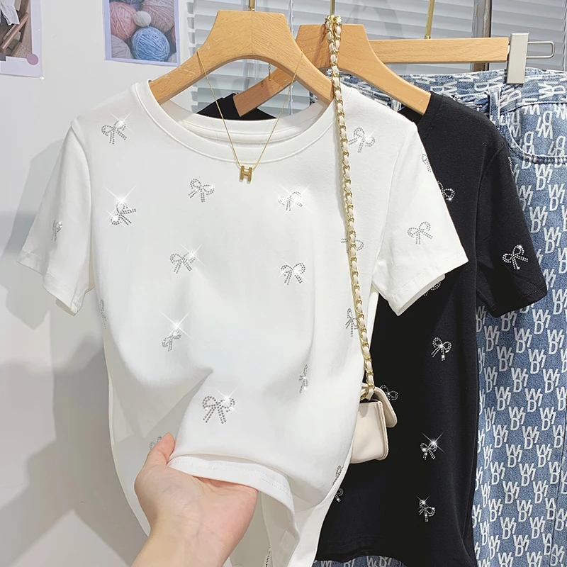 欧洲站亮闪闪烫钻短袖t恤女夏季韩版宽松半袖设计感洋气体恤上衣