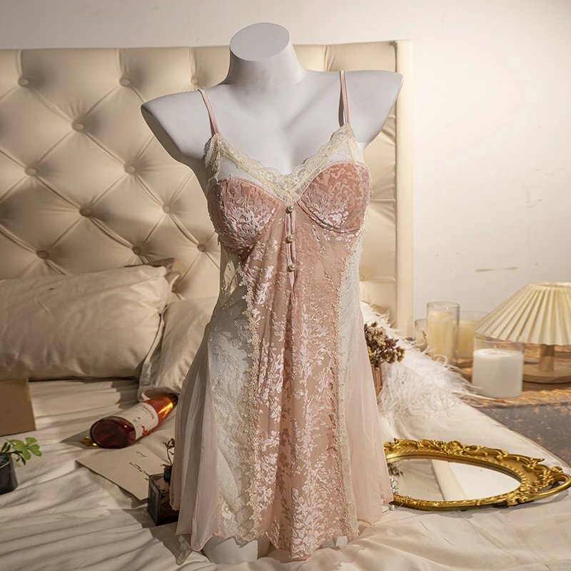 语萱娜【90-210斤】大码女轻奢睡裙蕾丝开叉裙禁欲系高级感DNSQ003