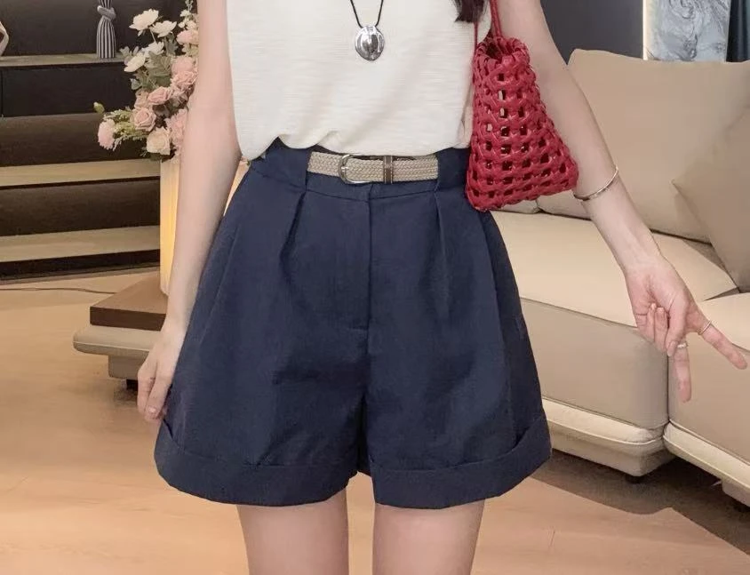 【街头裁片】夏季新款简约百搭高腰显瘦休闲短裤K1502带皮带