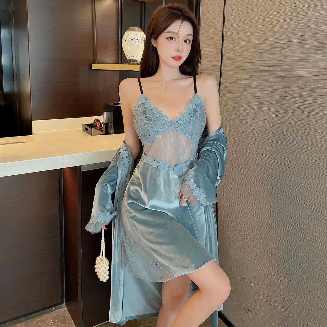 【夜太美】秋冬金丝绒新款丝滑性感镂空时尚纯欲风蕾丝吊带睡衣睡裙