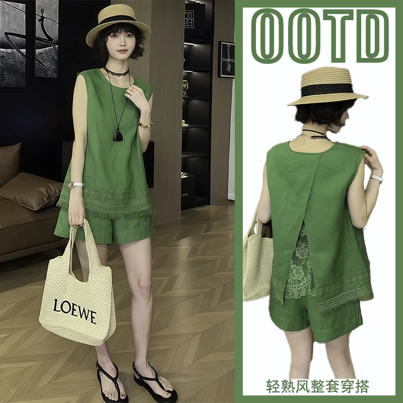 2025年新款减龄宽松显瘦休闲套装女夏季流苏无袖上衣短裤两件套潮