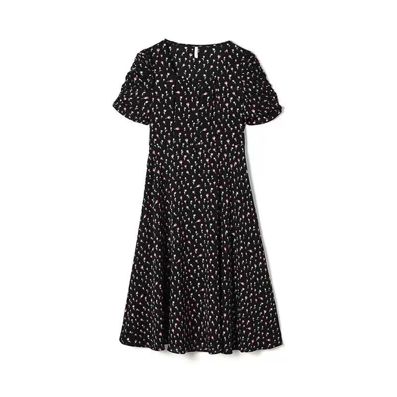 【W062连衣裙】萱萱专属2025新款黑底粉花气质时尚中长款连衣裙