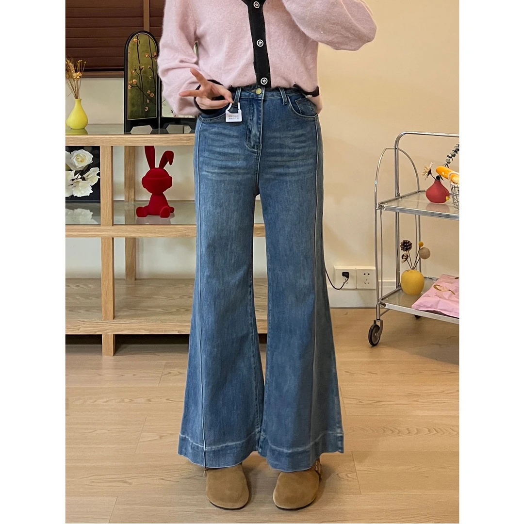 微喇牛仔裤女高街风时尚显瘦宽松高腰微弹大码微胖妹妹拖地喇叭裤