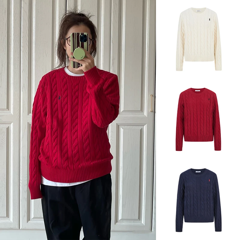 Moses Queen/魔西女王洋气老钱风小马刺绣针织慵懒红色套头毛衣冬