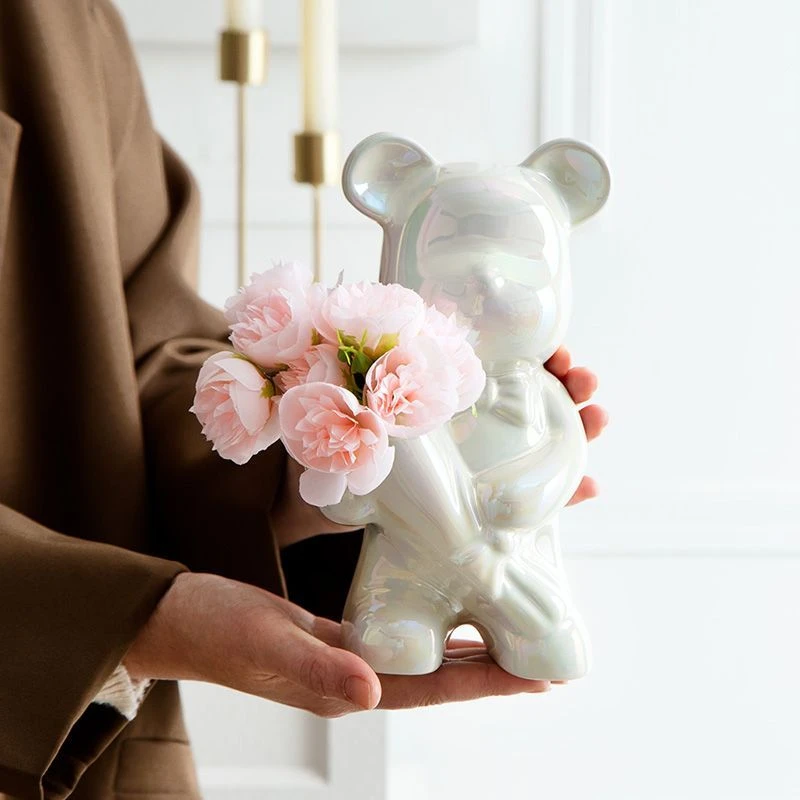高颜值ins风礼品套装家居轻奢法式浪漫熊熊摆件手捧花陶瓷装饰瓶