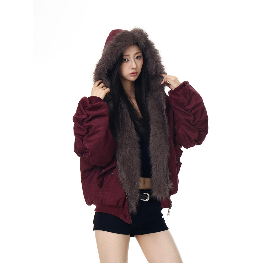 BLACKLISTS美式复古麂皮绒双面穿连帽棉服男女冬季毛领座山雕外套