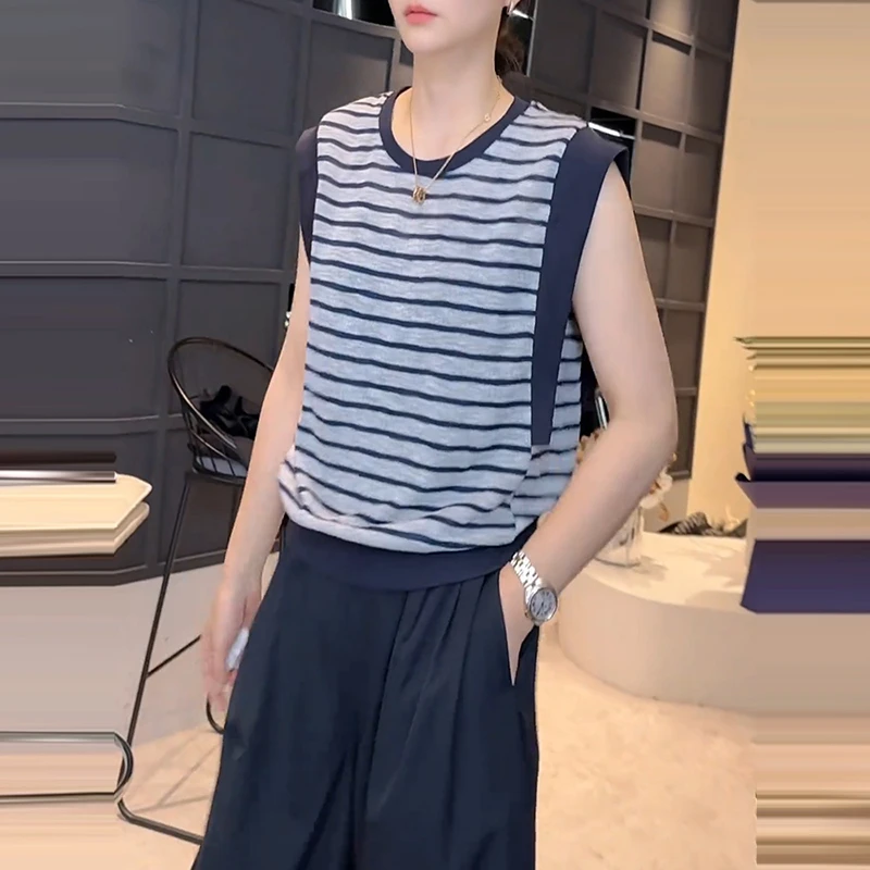 韩系洋气撞色条纹无袖t恤女夏季新款小众设计感独特薄款百搭上衣