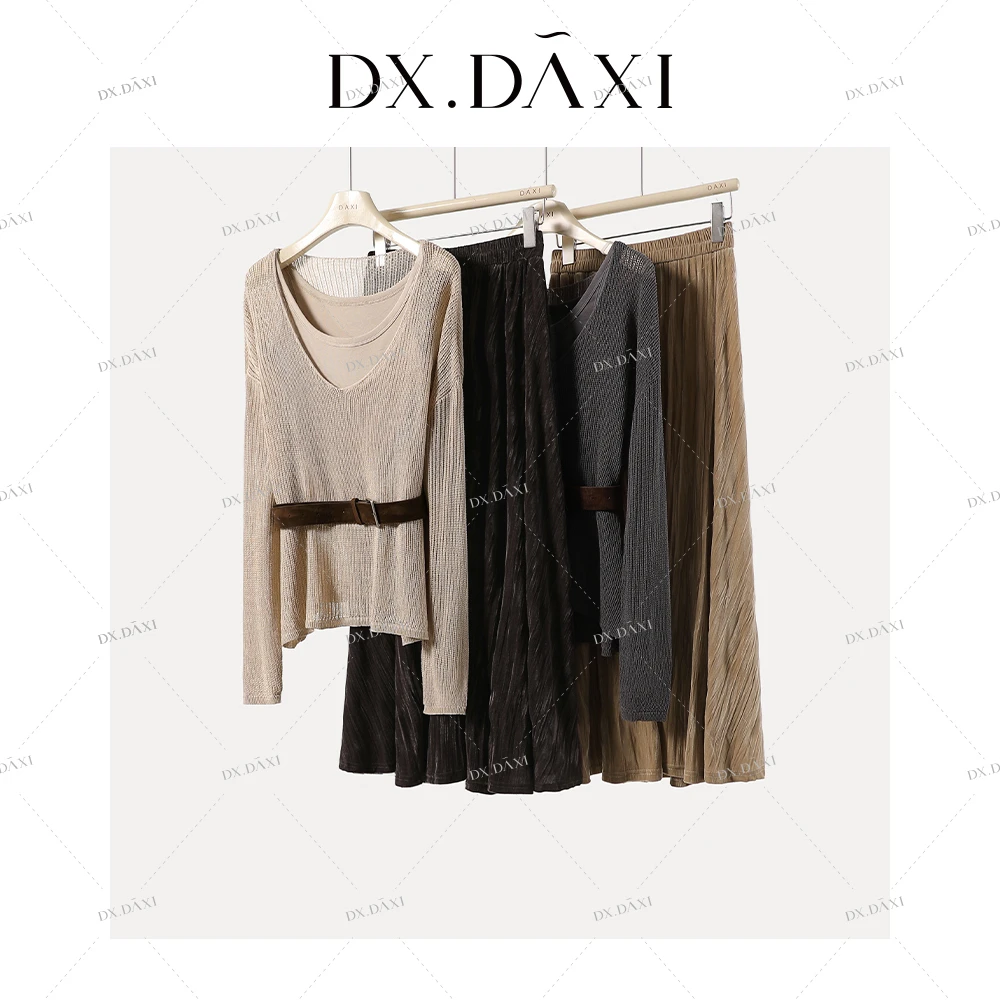 DX.DAXI【秋日缪斯】简约宽松针织衫上衣套装+高腰百搭长裙(配腰带)