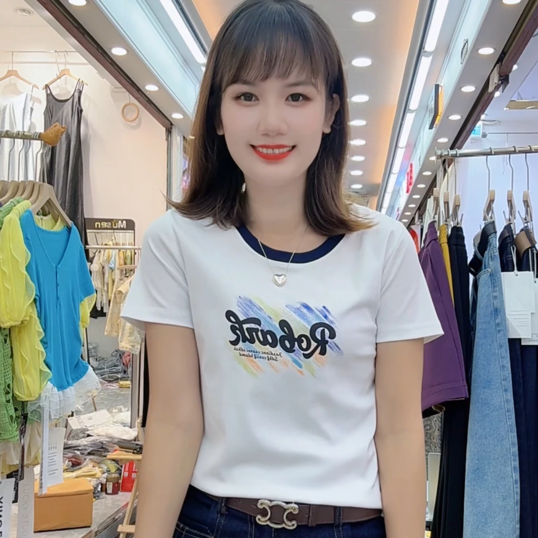 0628（美姿）新款拼色女装百搭休闲短袖圆领时尚潮流棉T洋气上衣