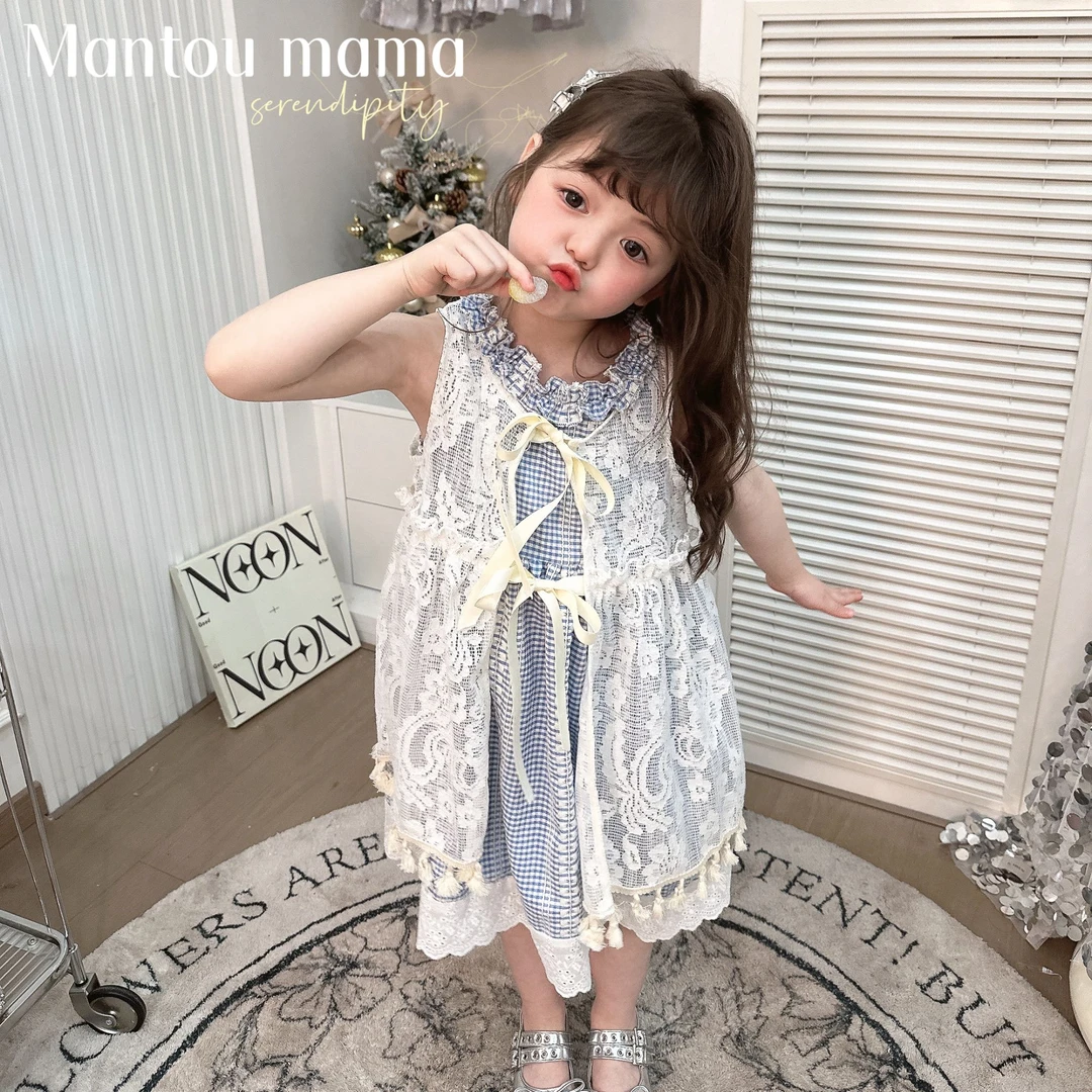 【】【现货】蕾丝钩花格子裙两件套夏季清新甜美森系裙