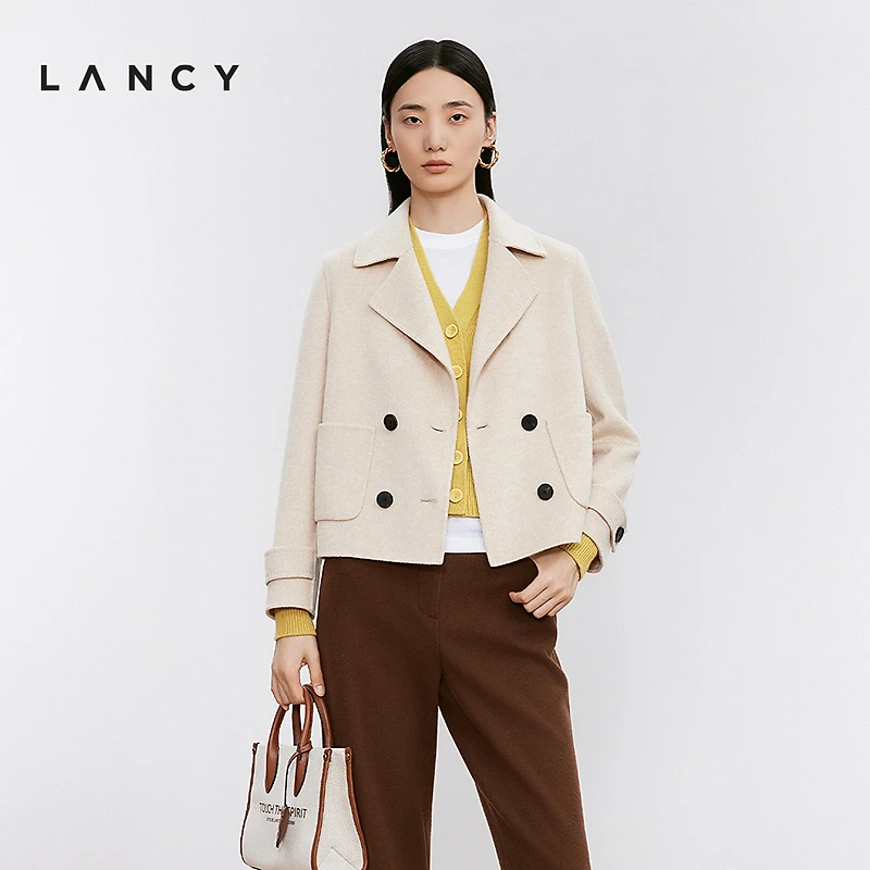 LANCY/朗姿2024冬季新款纯羊毛双面呢短大衣双排扣翻领短款外套女