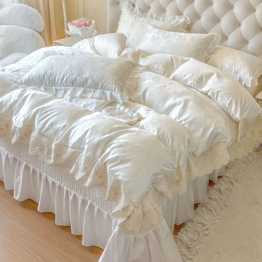 仙女风白色贡缎提花纯棉全棉四件套少女心蕾丝边被套床单夹棉床盖