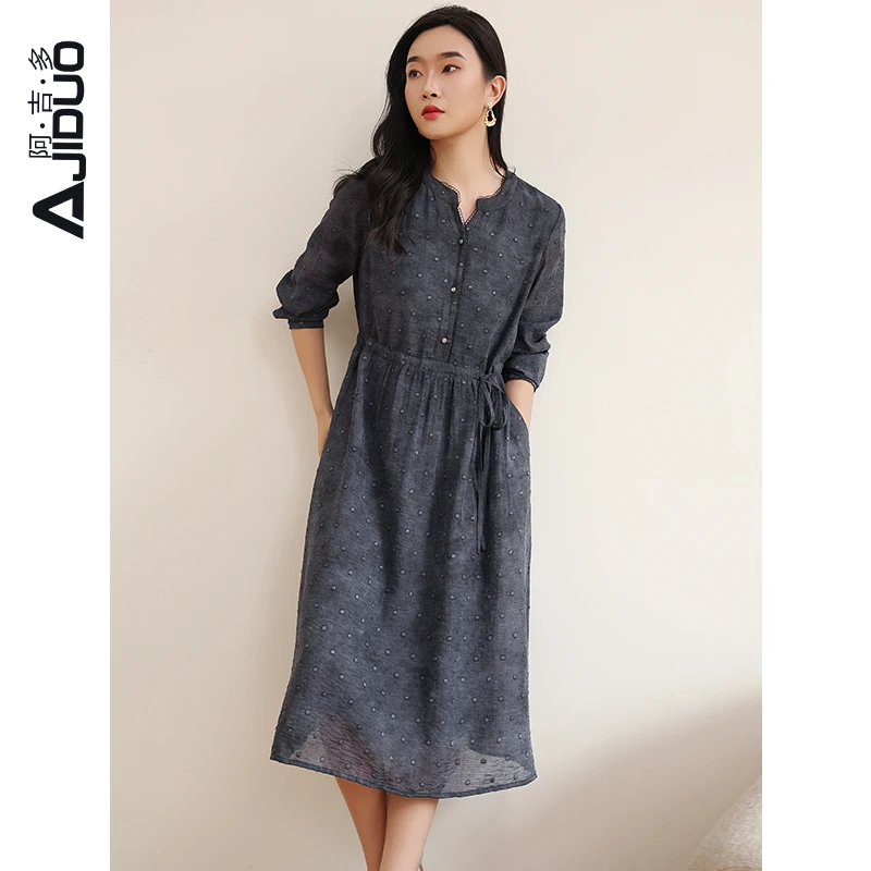 阿吉多长袖连衣裙女2025年春季新款时尚显瘦大码高级灰色洋气裙子