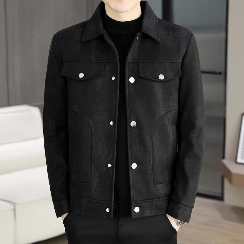 男士行政夹克春秋季高级感黑色外套秋装休闲工装薄款翻领茄克上衣