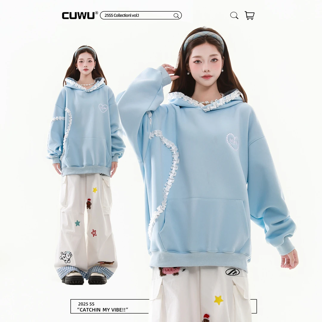 cuwu美式复古蕾丝爱心花边灰色连帽卫衣女男秋季宽松慵懒套头帽衫