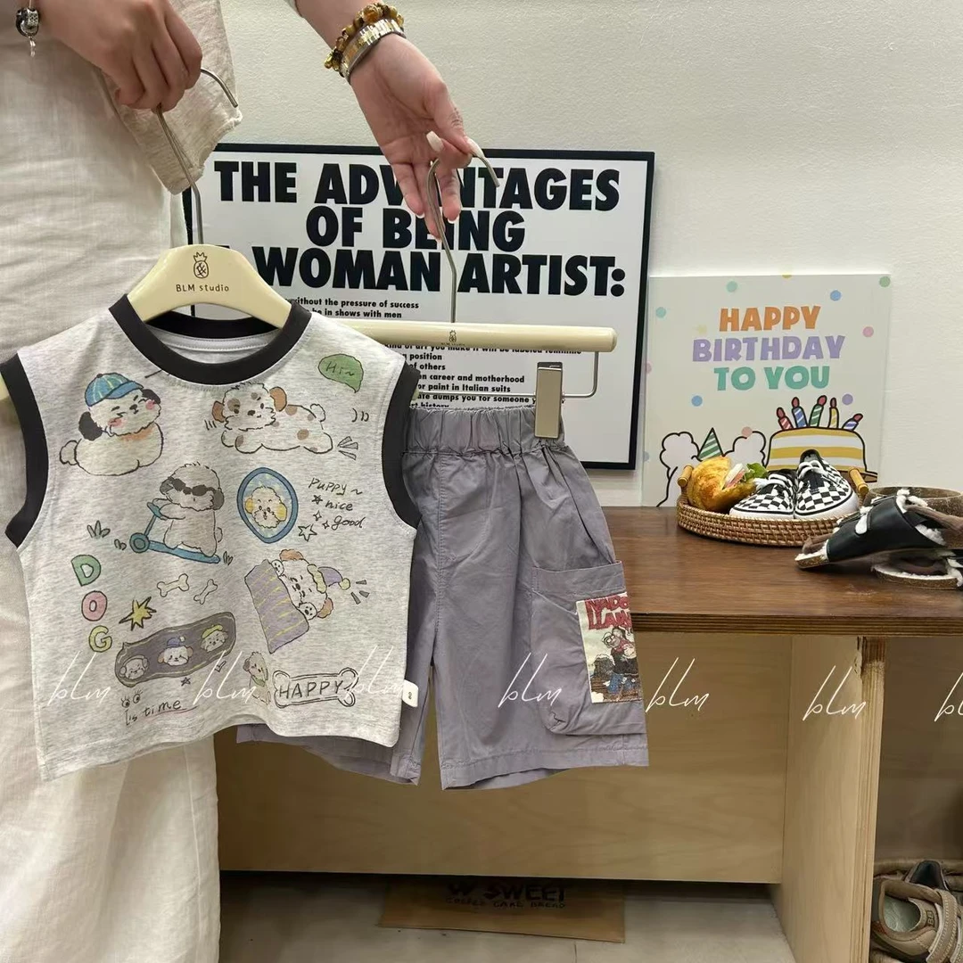 儿童背心套装2025夏季新款数码小狗背心薄款潮款短裤洋气两件套潮