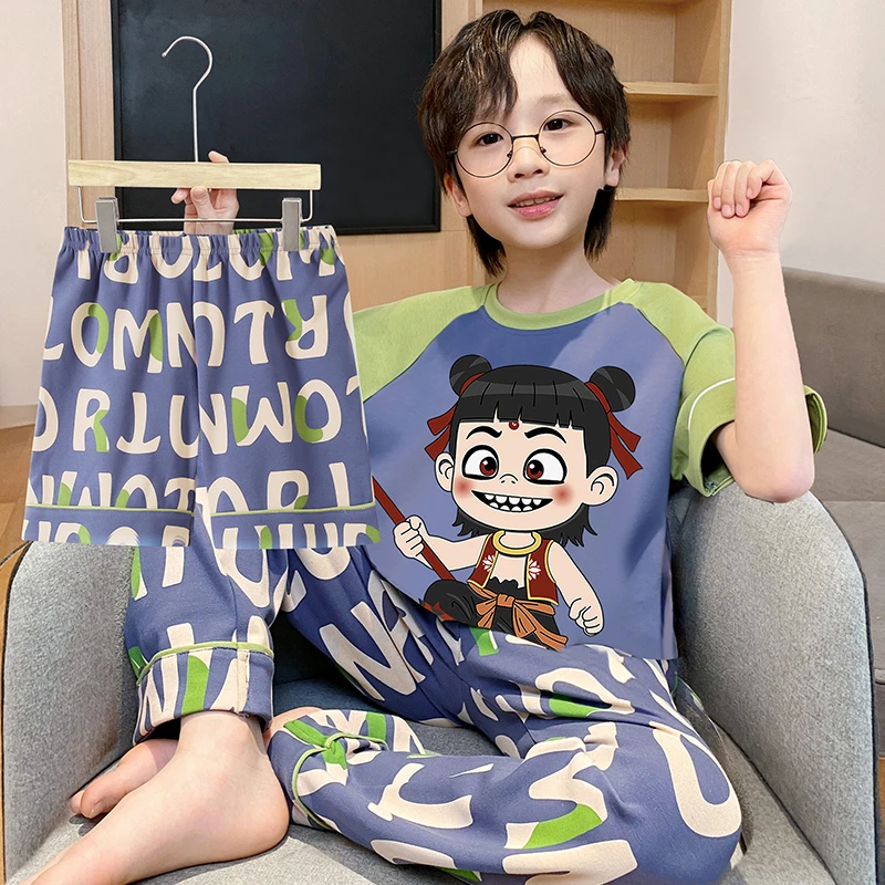 男童睡衣新款纯棉儿童夏季透气短袖套装中大童男孩宝宝洋气家居服