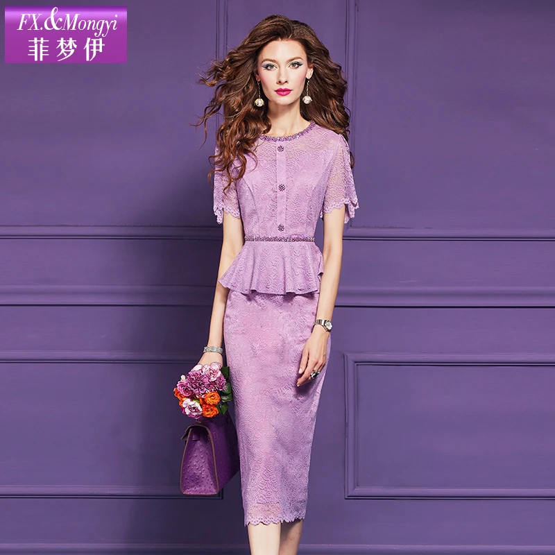 菲梦伊钉珠蕾丝紫色连衣裙女夏季法式名媛荷叶边收腰包臀裙65005