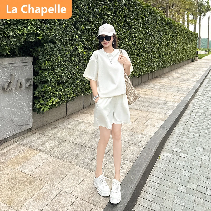 拉夏贝尔宽松时髦休闲套装女潮流御姐宽松短袖圆领T恤短裤两件套
