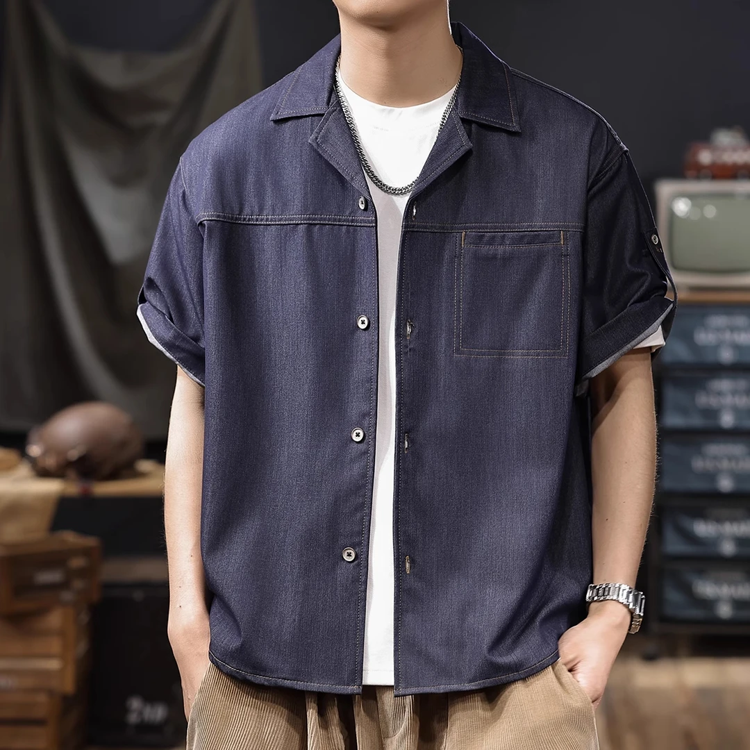 美式古巴领冰丝牛仔短袖衬衫男士2025休闲抗皱易搭理半袖衬衣