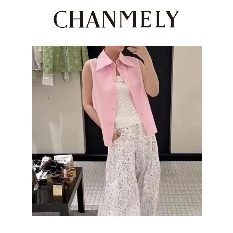 【CHANMITY】「衫」色迷人 演绎优雅少女感粉白色无袖衬衫025316