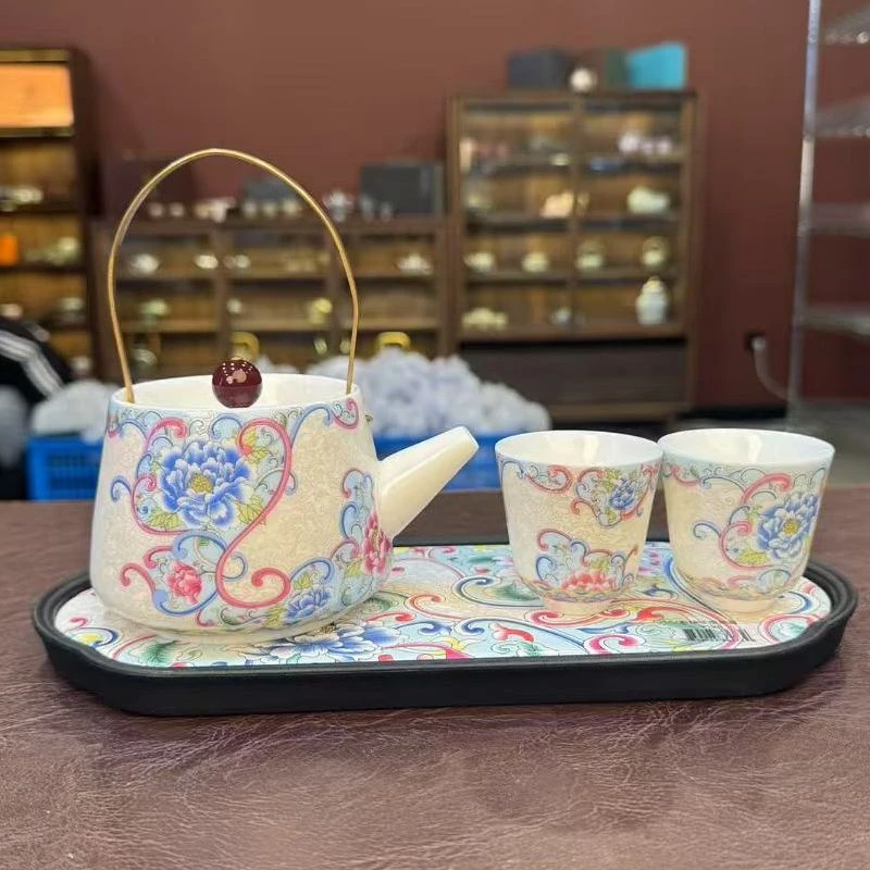 ZH2143-掐丝银珐琅提梁壶+掐丝银珐琅品茗杯+掐丝银吸水茶盘