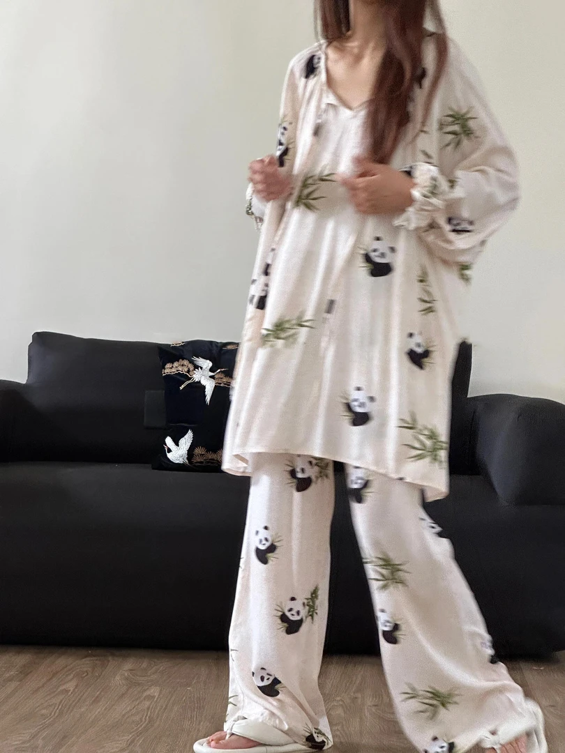 国风熊猫印花棉绸睡衣女款秋季2025新款防凸点家居服新中式两件套