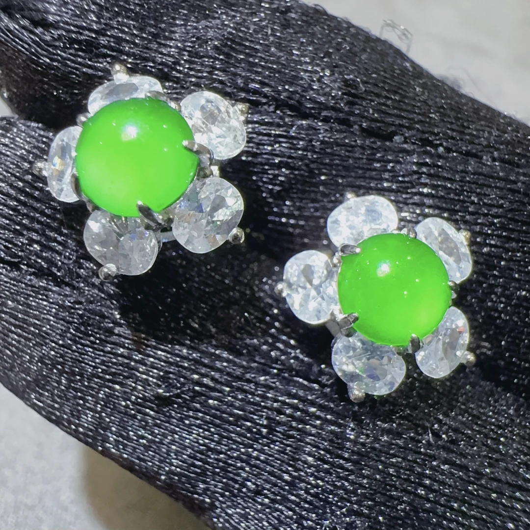 【直播间专属-太阳花耳钉】s925银天然A货翡翠阳绿蛋面耳饰气质轻奢