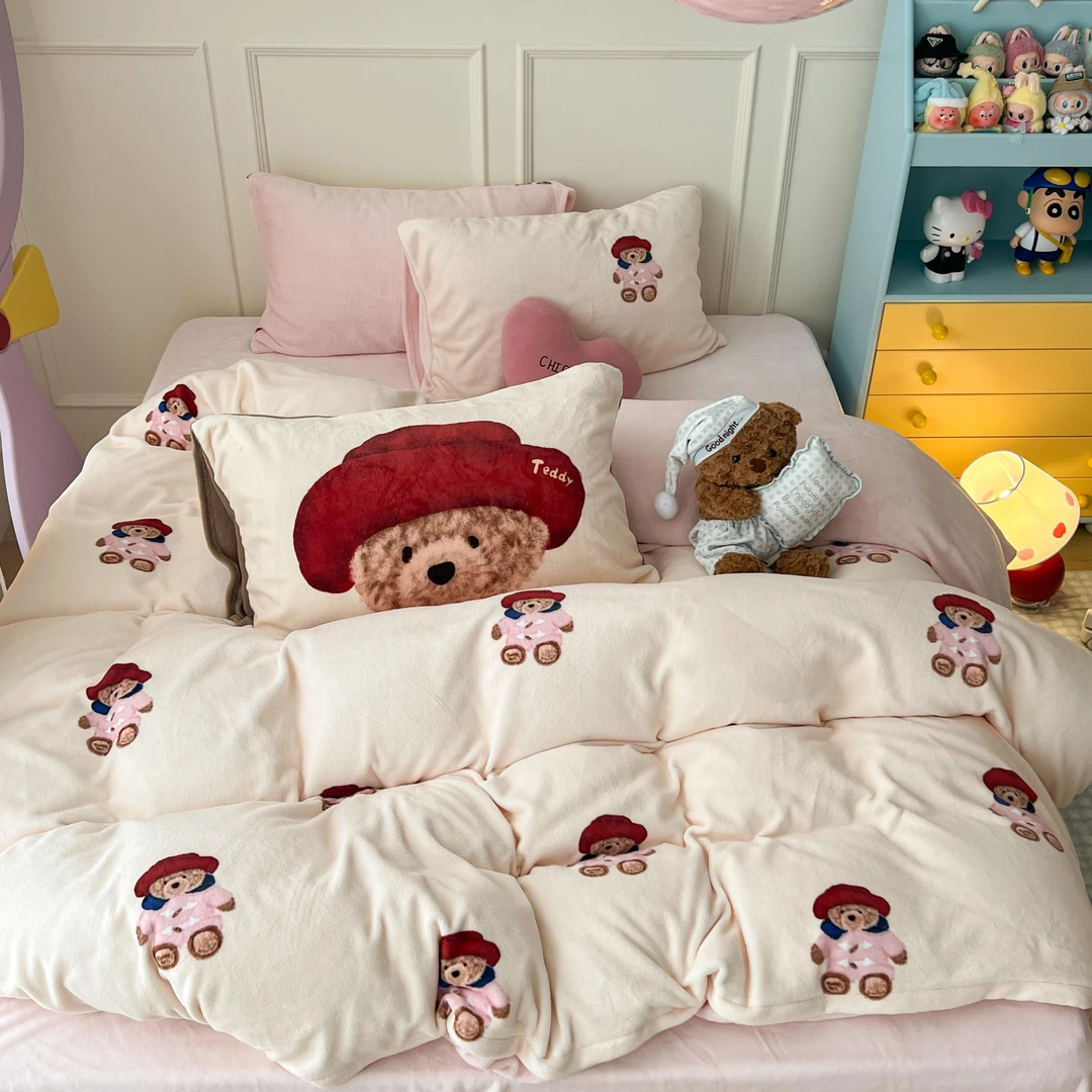 猫咪日记卡通小清新秋冬大版枕套牛奶绒四件套床单被套宿舍三件套