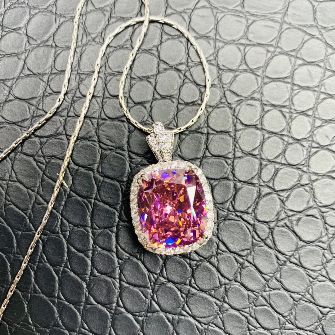 铜合金锆石吊坠 冰花切坠链镶嵌气质吊坠轻奢精致粉紫色项链790