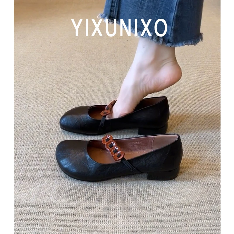 羊皮版~复古圆头一字带粗跟单鞋女百搭纽扣松紧带浅口玛丽珍女鞋