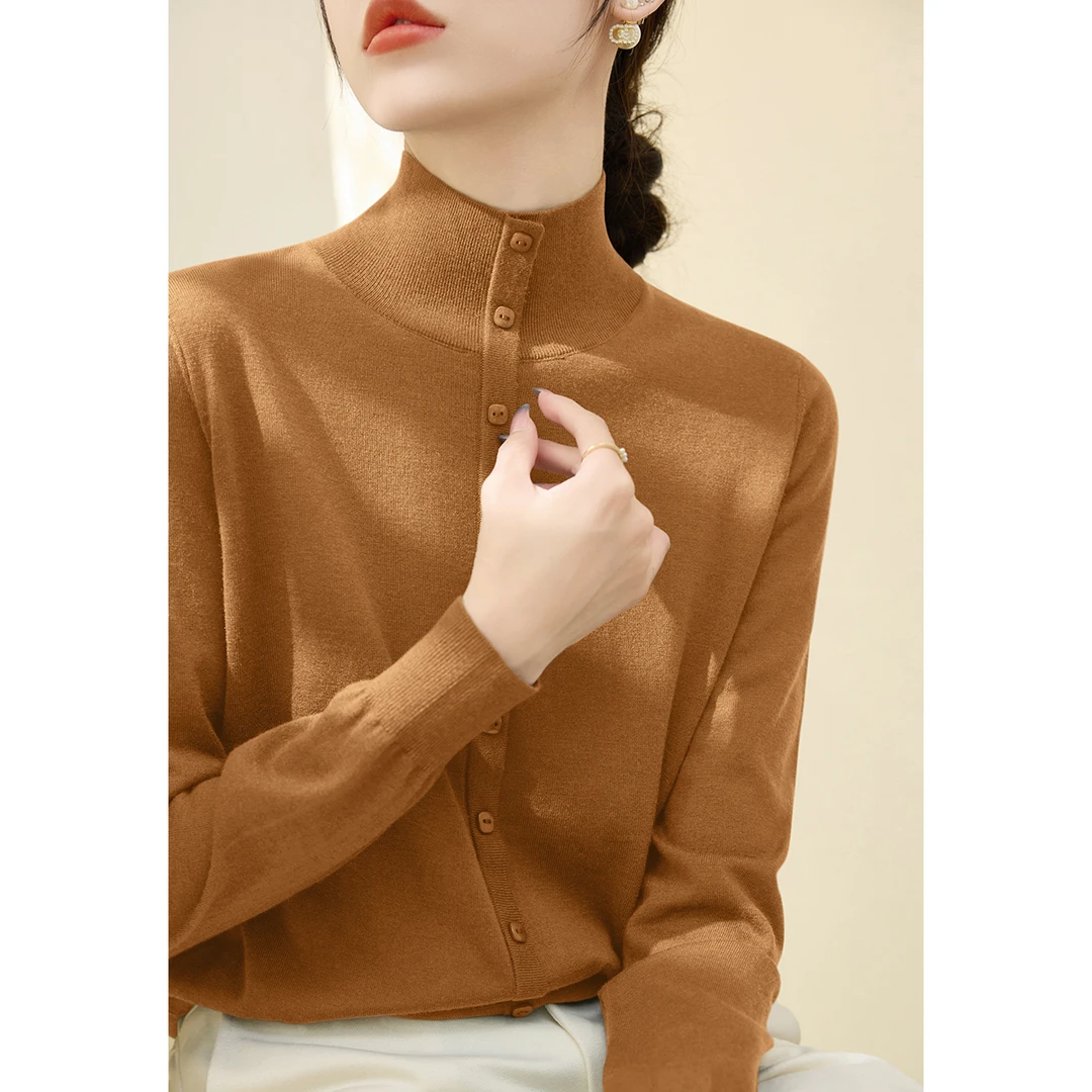 小众显白气质内搭半高领纽扣设计上衣女秋冬新款宽松长袖羊毛打底
