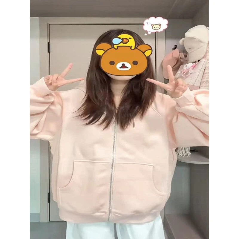 美式复古粉色开衫连帽卫衣长袖女秋冬新款宽松休闲原宿风百搭上衣