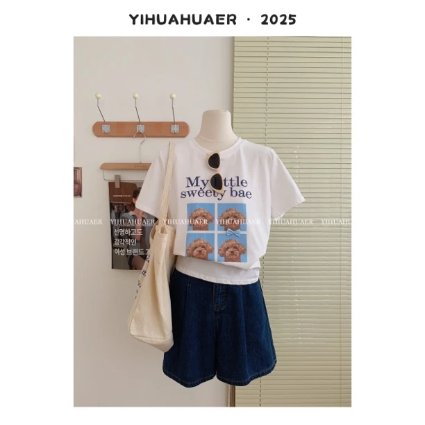 【泰迪狗】东大门韩国原单夏款百搭蝴蝶结装饰小狗印花慵懒T恤3232