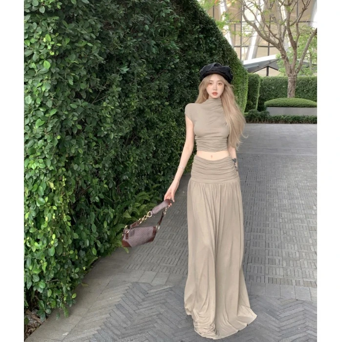 休闲套装气质半高领短袖修身T恤上衣女夏季高腰半身裙长裙两件套