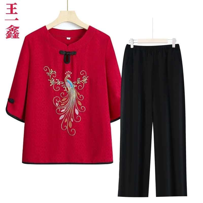 中老年女装夏季中袖套装民族风气质妈妈装大码T恤+裤子奶奶两件套