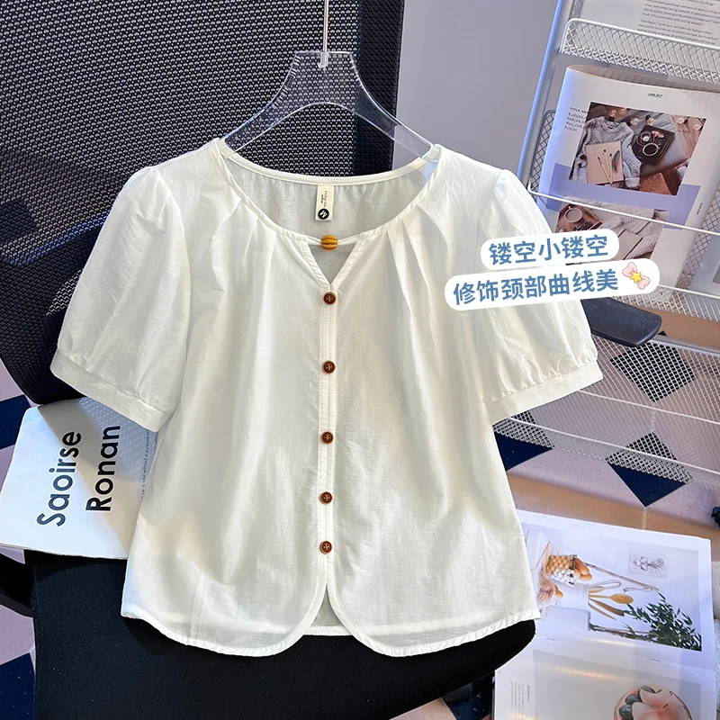 2025夏季韩系甜美时尚气质宽松别致小衫女法式泡泡袖轻奢短款上衣