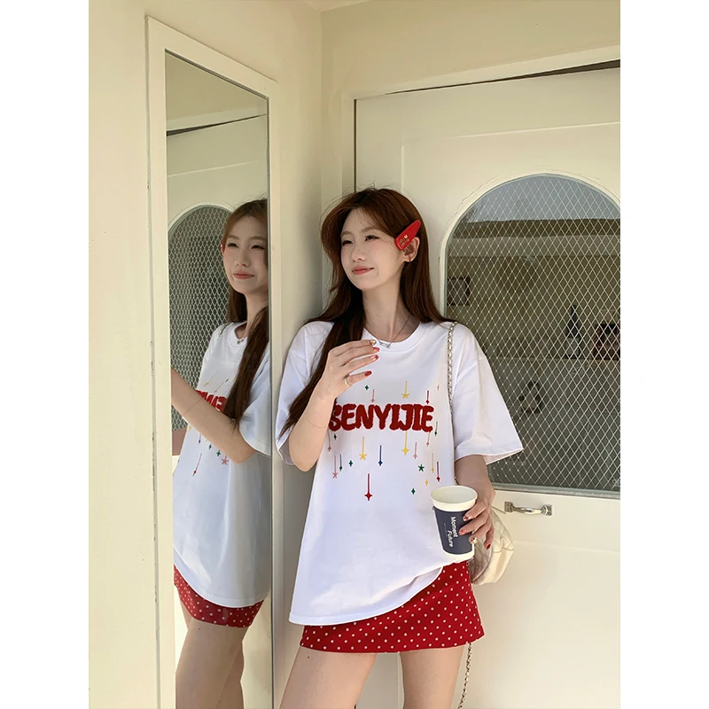 刺绣小众设计感2025春秋款百搭休闲宽松T恤上衣短袖oversize显瘦