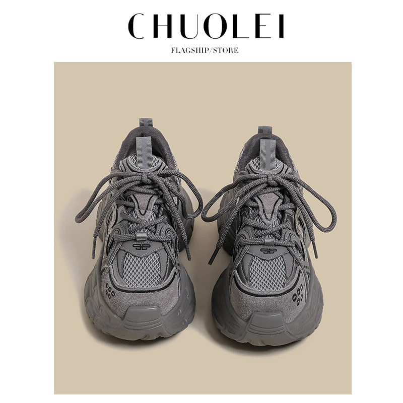 厚底老爹鞋女2025秋冬季新款复古小个子增高松糕百搭灰色运动鞋潮