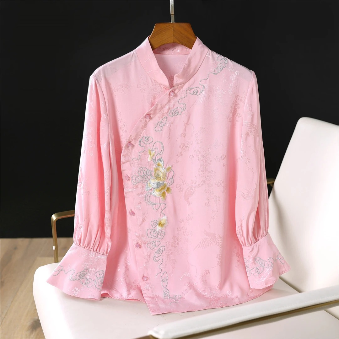 复古新中式刺绣旗袍式衬衫女2025年夏季新款人丝提花改良汉服上衣
