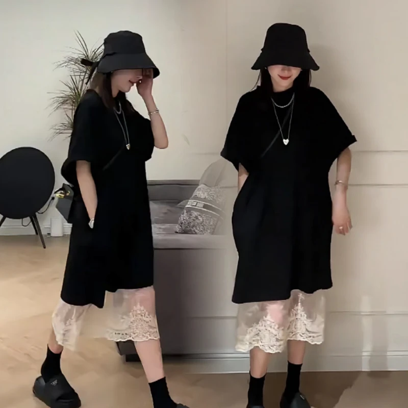 夏季极简休闲宽松气质韩版T恤裙减龄纯色中袖连衣裙高腰半裙一套