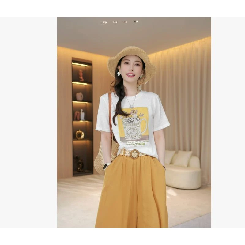 【杯子花语】夏季时尚洋气宽松花朵图案印花短袖女士T恤上衣35119