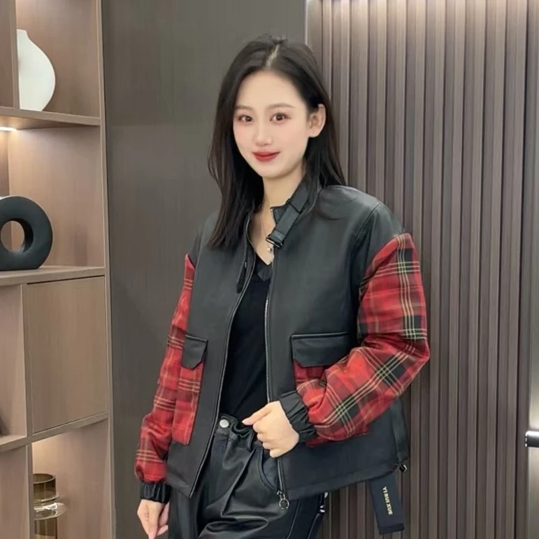 【薪多多推荐】经典格子百搭洋气拼接外套皮衣女-DUODUO-F517