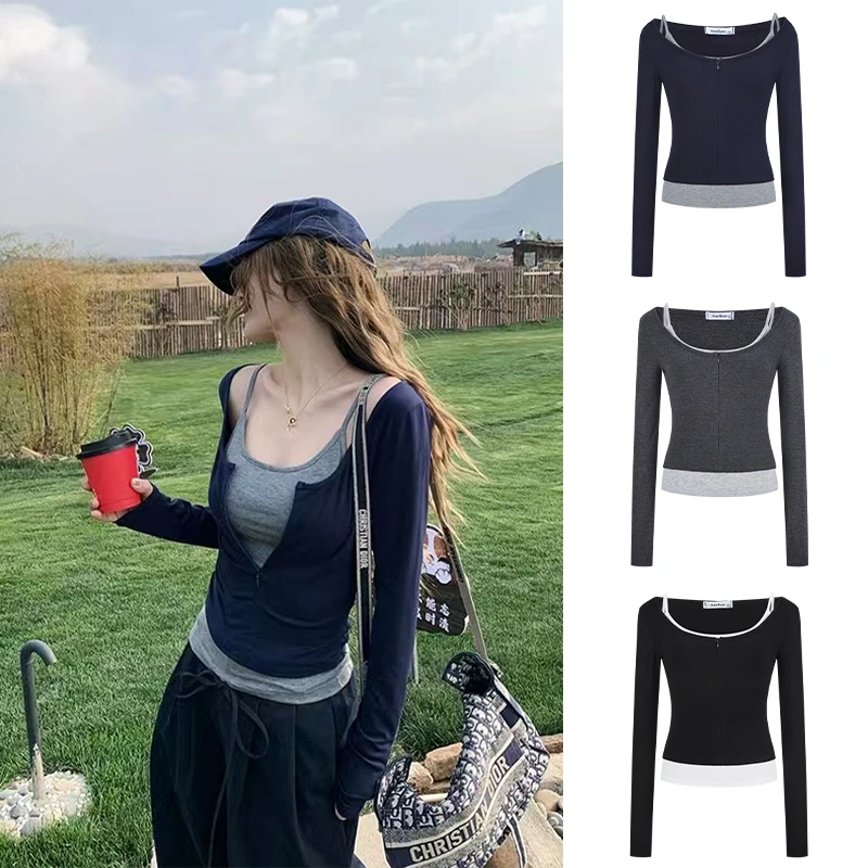 Moses Queen/魔西女王修身显瘦长袖针织衫叠穿吊带正肩上衣两件套