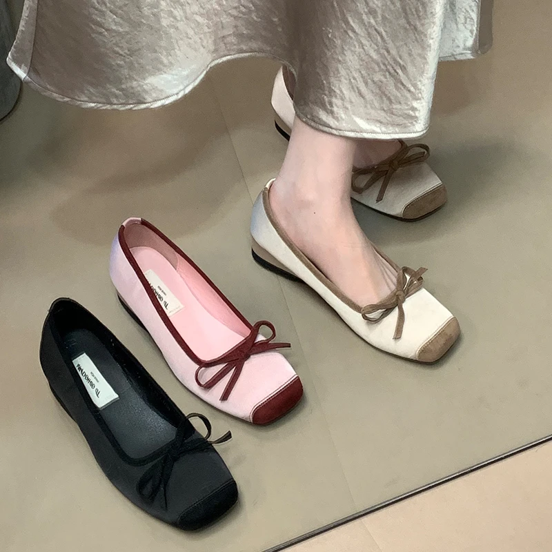 方头坡跟单鞋2025新款春季浅口拼接蝴蝶结低跟晚晚鞋