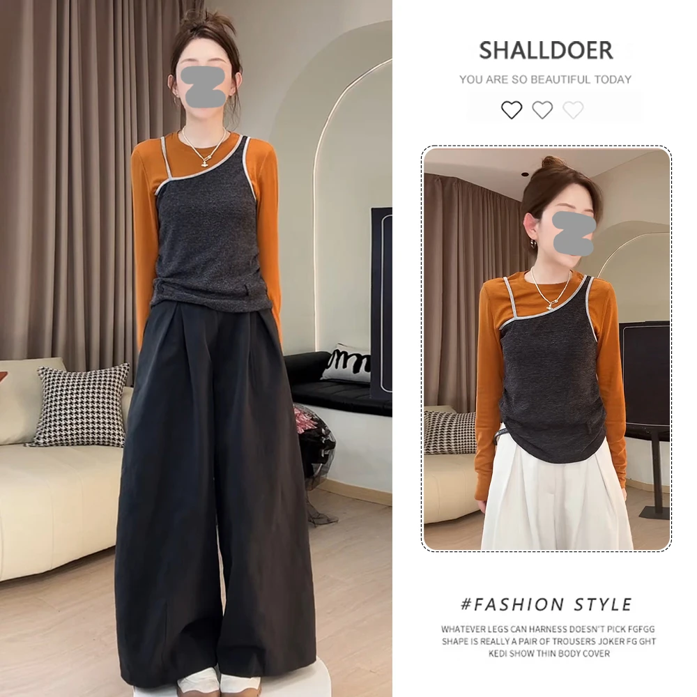 纯欲慵懒风套装女2025年春秋新款假两件叠穿长袖t恤阔腿裤两件套