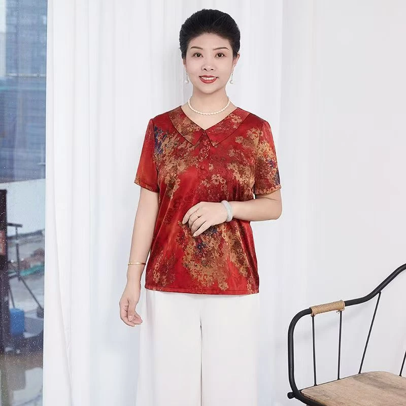 8953-夏天新款妈妈装短袖宽松舒适显瘦翻领上衣（C仓）